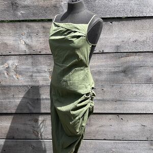 Women’s Army Green Ruched Backless Sleeveless Square Neck Midi Dress